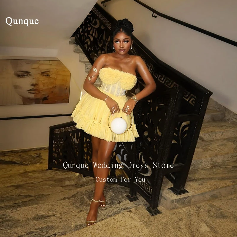 

Блестящие желтые платья Qunque из тюля для выпускного вечера, выше колена, с рюшами на юбке, мини-коктейльные платья с драпировкой, Vestido Para Graduacion, на заказ