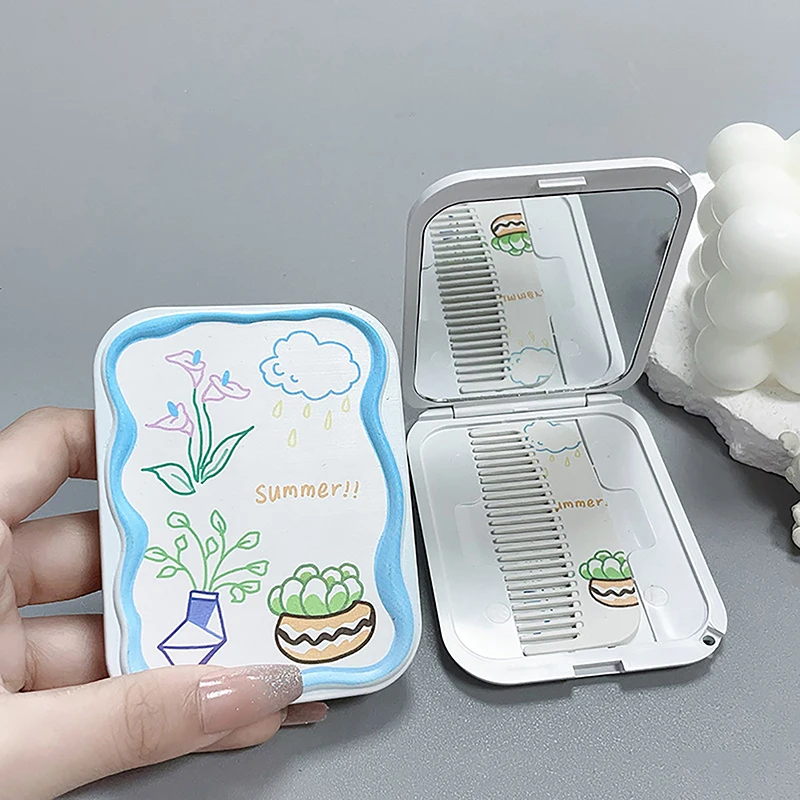 Vaso di fiori del fumetto specchio per il trucco pieghevole specchio tascabile portatile specchio per il trucco cosmetico rettangolare da donna con pettine