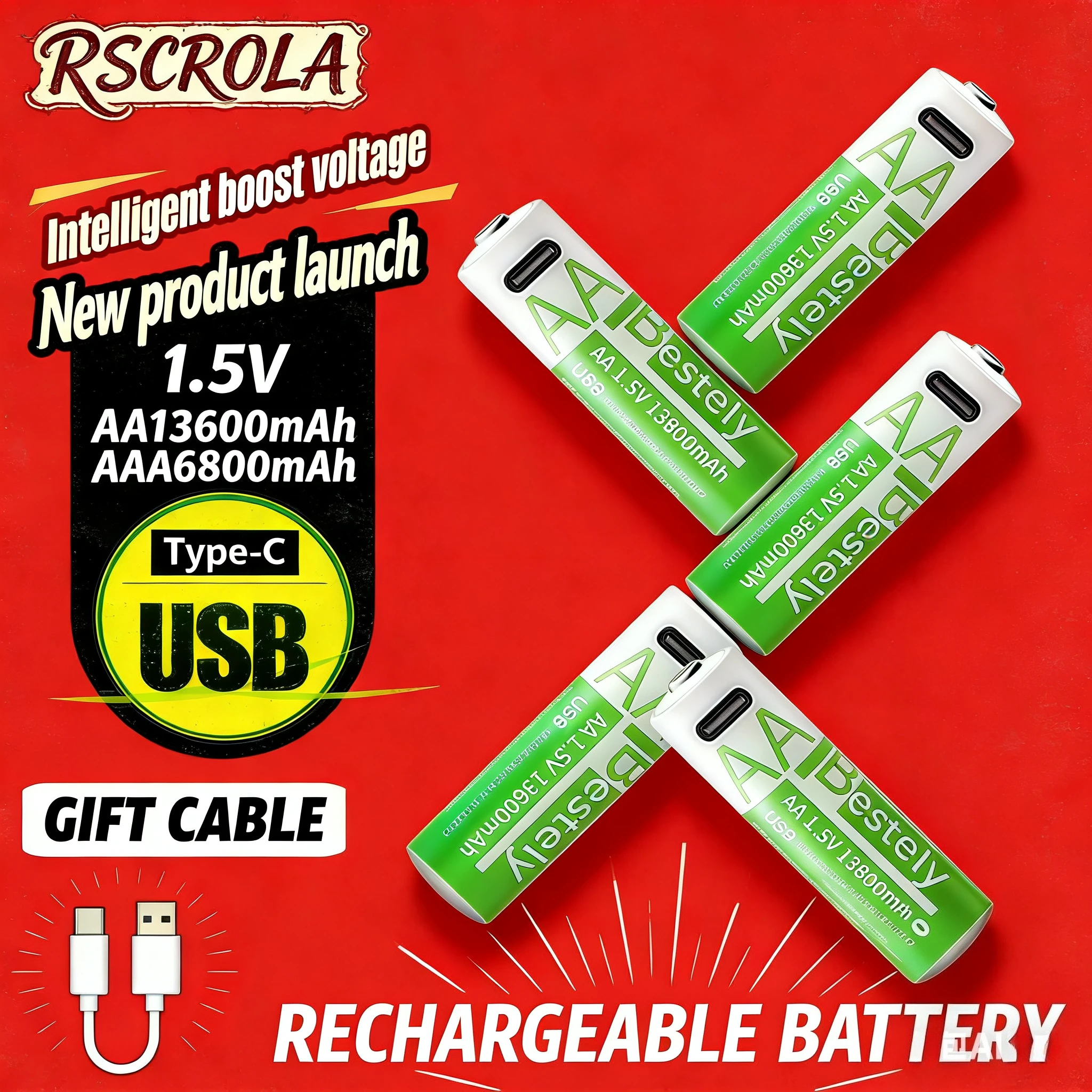 

2026 new 1.5V AA 13600mAh+AAA 6800mAh USB-C Rechargeable Lithium Batteries 2000 Cycles for Remote Control Toy Flashlight