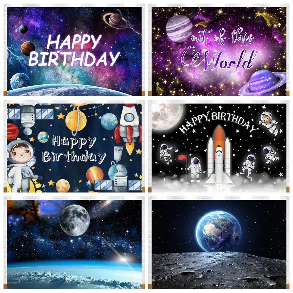 

Happy Birthday Party Decor Outer Space Photography Background Custom Astronaut Rocket Galaxy Planet Photo Kids Gift Baby Shower