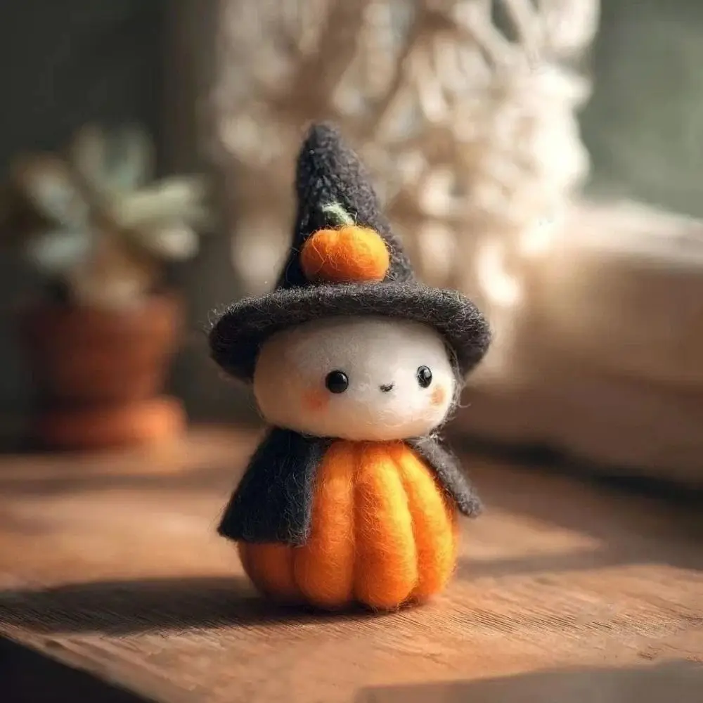 Desk Ornaments Witch Halloween Ornaments Cute Handmade Pumpkin Figurine Funny Wool Felt Ghost Statue Festival Gift