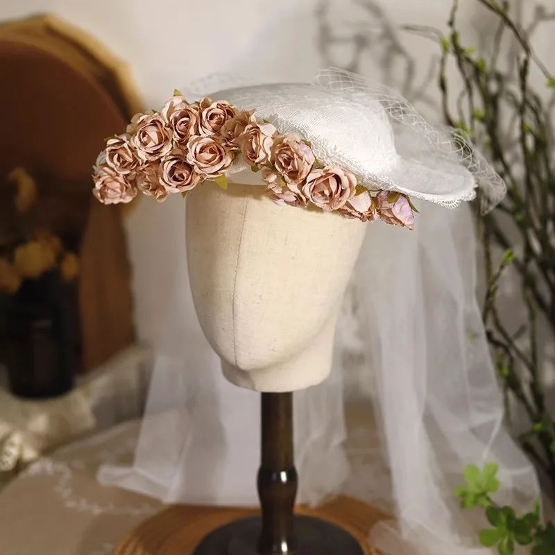 Vintage Fairy Wedding Hat for Women Pink Flower Lace Fascinator Hat Long Mesh French Ladies Royal Tea Party Photo Shoot Fedoras