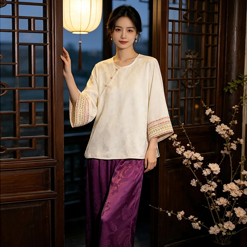 New Chinese Style Autumnal Heavy Embroidery Sleeveless Top Wide Leg Pants Traditional Fashion Reformed Side Button Design
