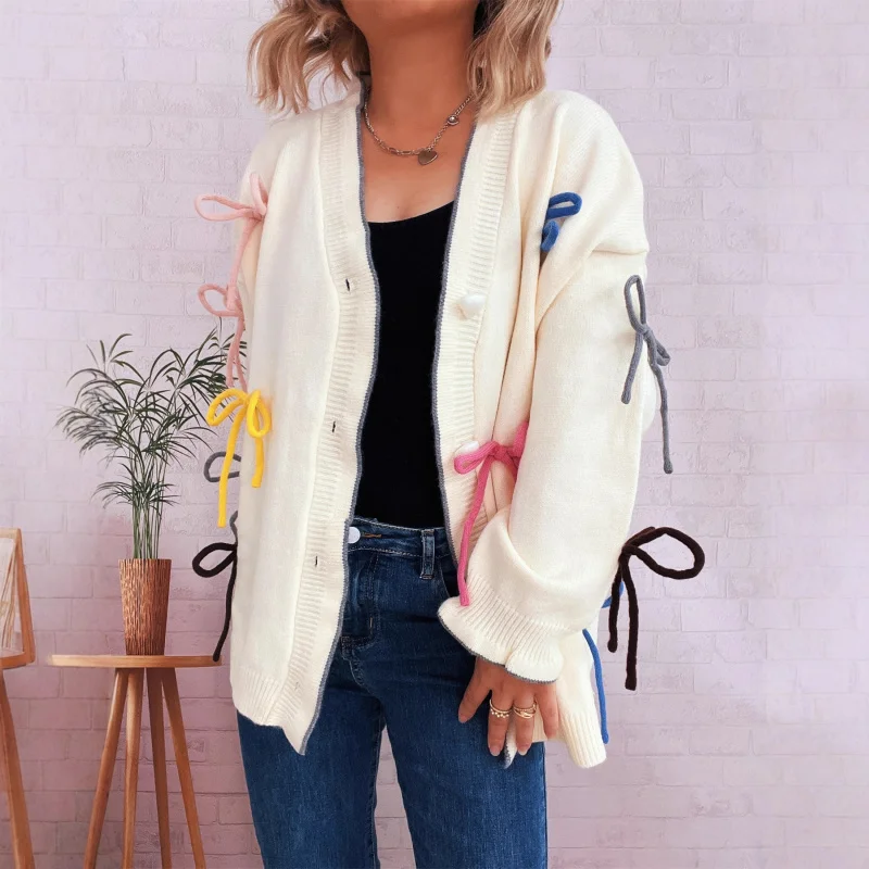 

Осенне-зимний милый красочный однобортный вязаный кардиган с бантом для женщин