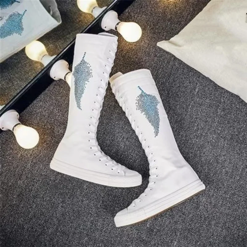 

Handmade rhinestone lace-up high canvas shoes fashion large casual dance shoes sports women's shoes 34-43