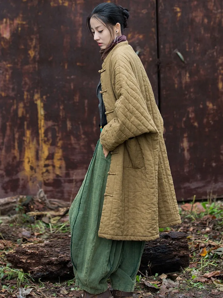 High Quality Cotton Linen Quilted Coats Women New 2024 Winter Vintage Style Loose Female Thick Warm Long Padded Jackets M164