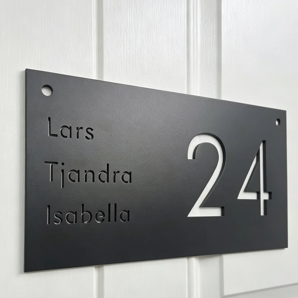 Custom Powder Coated Matte Black Stainless Steel House Number Sign Family Name Door Plate Modern Waterproof Address Plaque