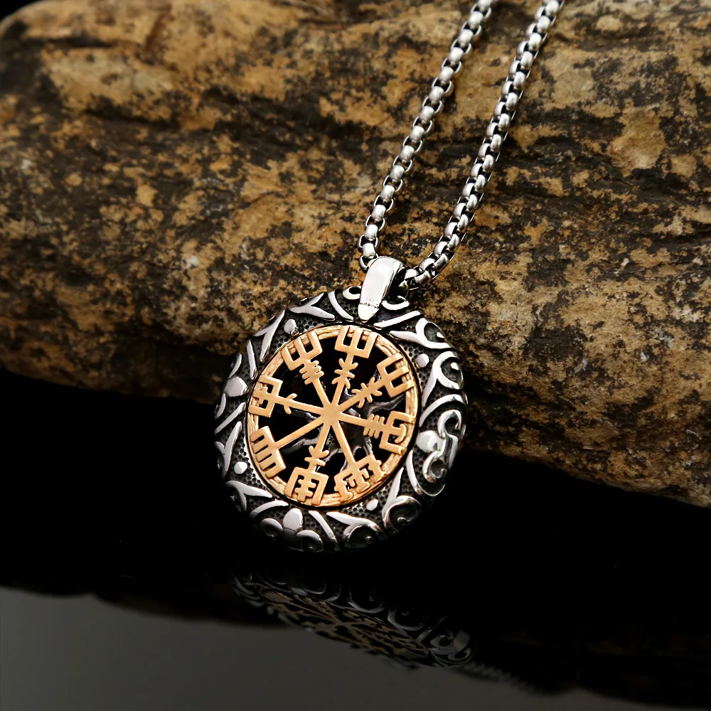 European And American Vintage Necklace Punching Compass Titanium Steel  Men Viking Pendant