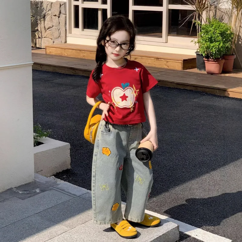 

Girls Suit2026New Summer Collection for Young Children2-7Short-sleeved tops and children's jeansTT-shirt Suit