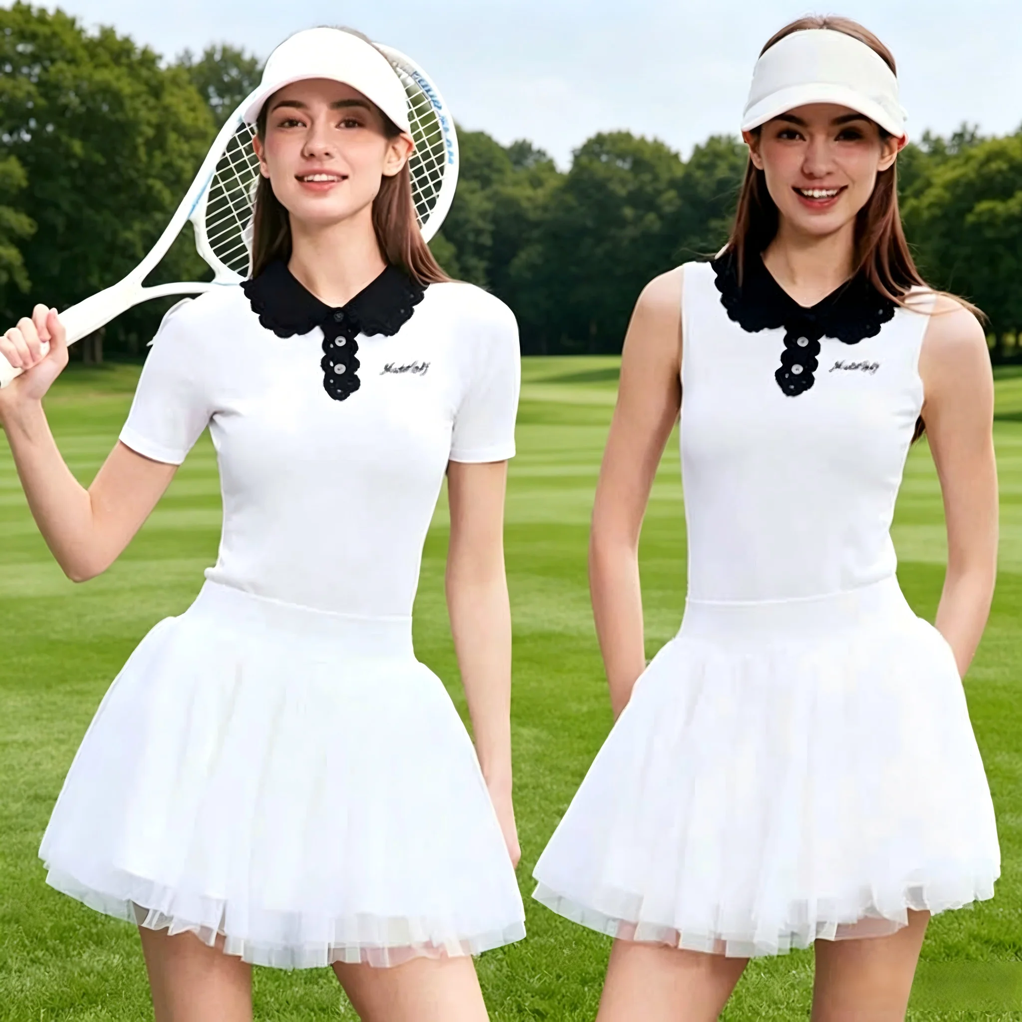 MG New Tennis Golf Apparel Women Summer Sleeveless Top Pleated Lace Short Skirt Lady Knitted Polo Shirts A-lined Sports Skirt