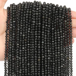 2 3 4mm Faceted Natural Black Obsidian Beads Round Loose Beads Diy Waist Chain Beads Necklace Bracelet Jewelry Accessories