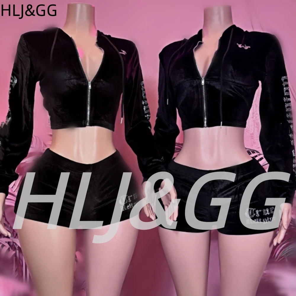 

HLJ&GG Fashion Y2K Rhinestone Letter Two Piece Sets Women Zipper Long Sleeve Crop Top And Shorts Outfits Female 2pcs Streetwear