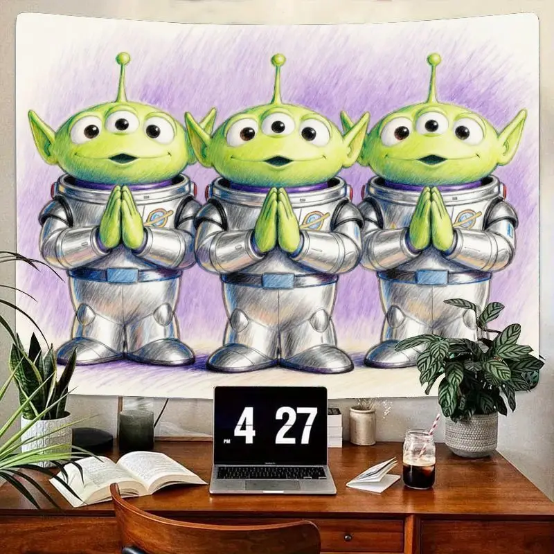 

1 шт., гобелен «История игрушек», зеленый инопланетянин, современный кавайный маленький зеленый мужской полиэстеровый настенный рисунок для декора гостиной, спальни, подарок фанату
