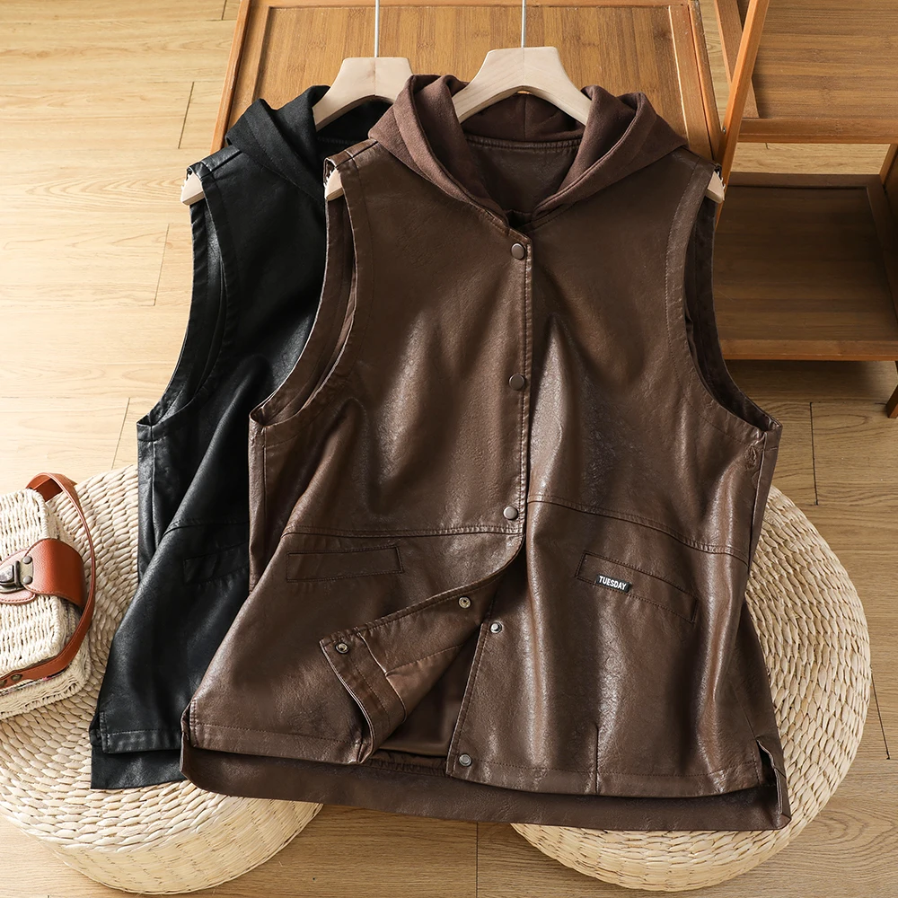 Trendy Hooded PU Leather Vest Women's Loose Outerwear Fashionable Autumn Top Comfortable Fit  Color Commute Style