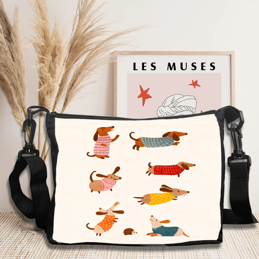 1pc Dachshund Dog Pattern Crossbody Bag Cream Color Cute Dogs Wearing Sweaters Print Shoulder Bags For Women Girls Daily Use Sho