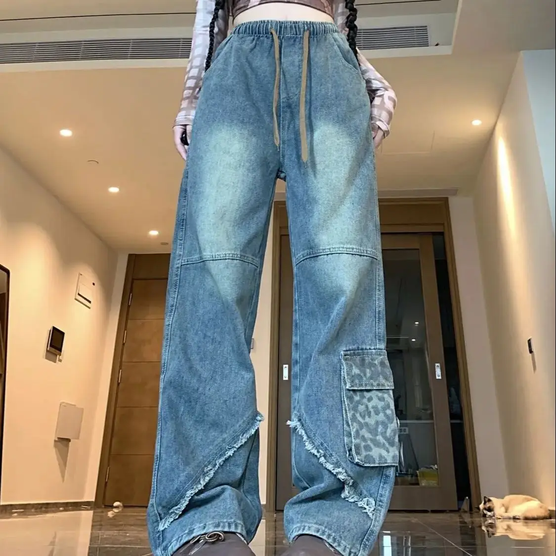 Retro Street Elastic Waist Design Jeans Women Spring Summer 2025 New Loose Casual Versatile Slim Fashionable Wide-Leg Pants