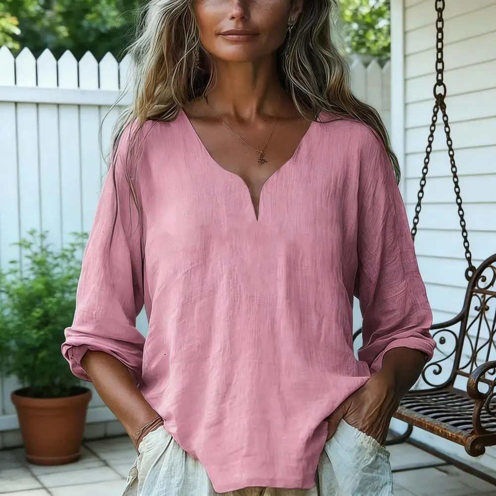 

Женская дышащая блузка свободного кроя из мягкой ткани, рубашка свободного кроя с рукавом три четверти, V-образным вырезом, для весны и лета