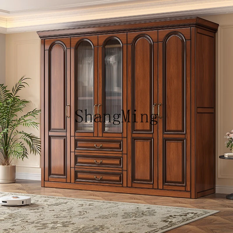 

ZYY retro solid wood wardrobe bedroom home walnut wardrobe with top cabinet