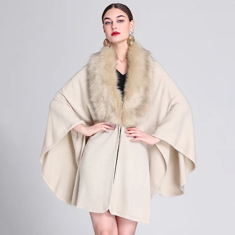 

Fashion Luxury Wide V Lapel Faux Fox Fur Cape Coat Long Knit Poncho Wraps Women Autumn Winter Loose Outerwear Cloak Party