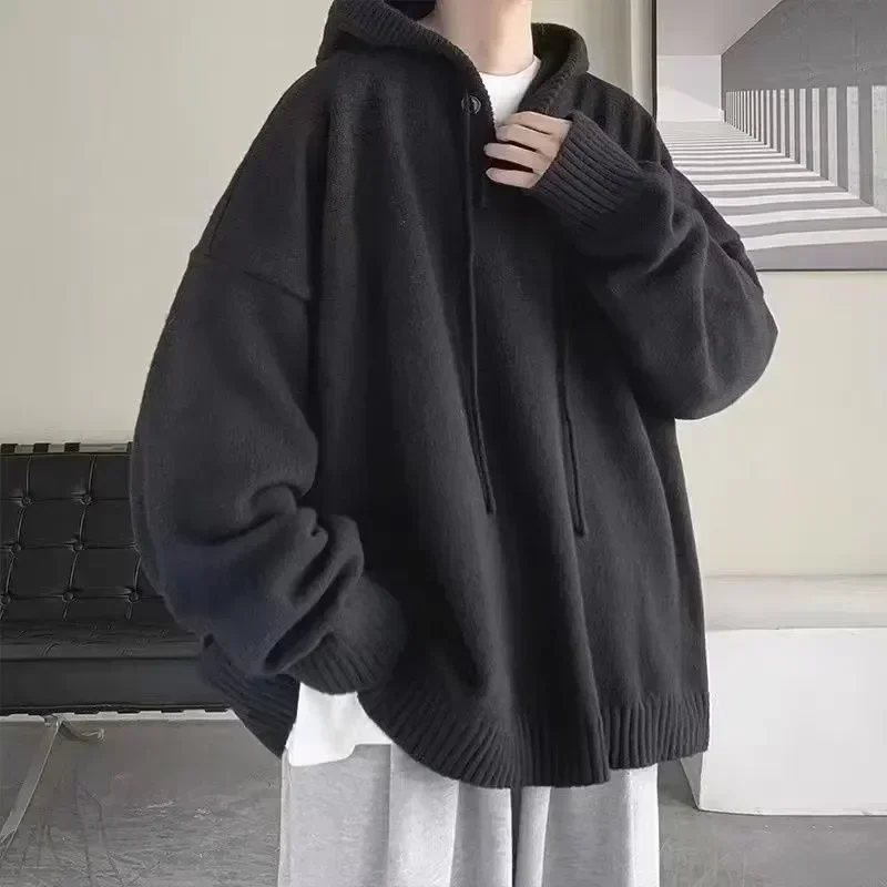 Męski pulower z kapturem koreański styl klasyczny jednolity kolor bluzy w stylu Casual oversize luźna dzianina męska dzianinowe swetry