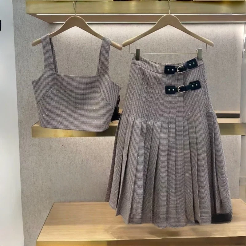 

Plaid Diamond Decorated ort Top Long Skirt French Sle High Waist A-Line Midi Skirt Casual Diamond Bling Bling S...