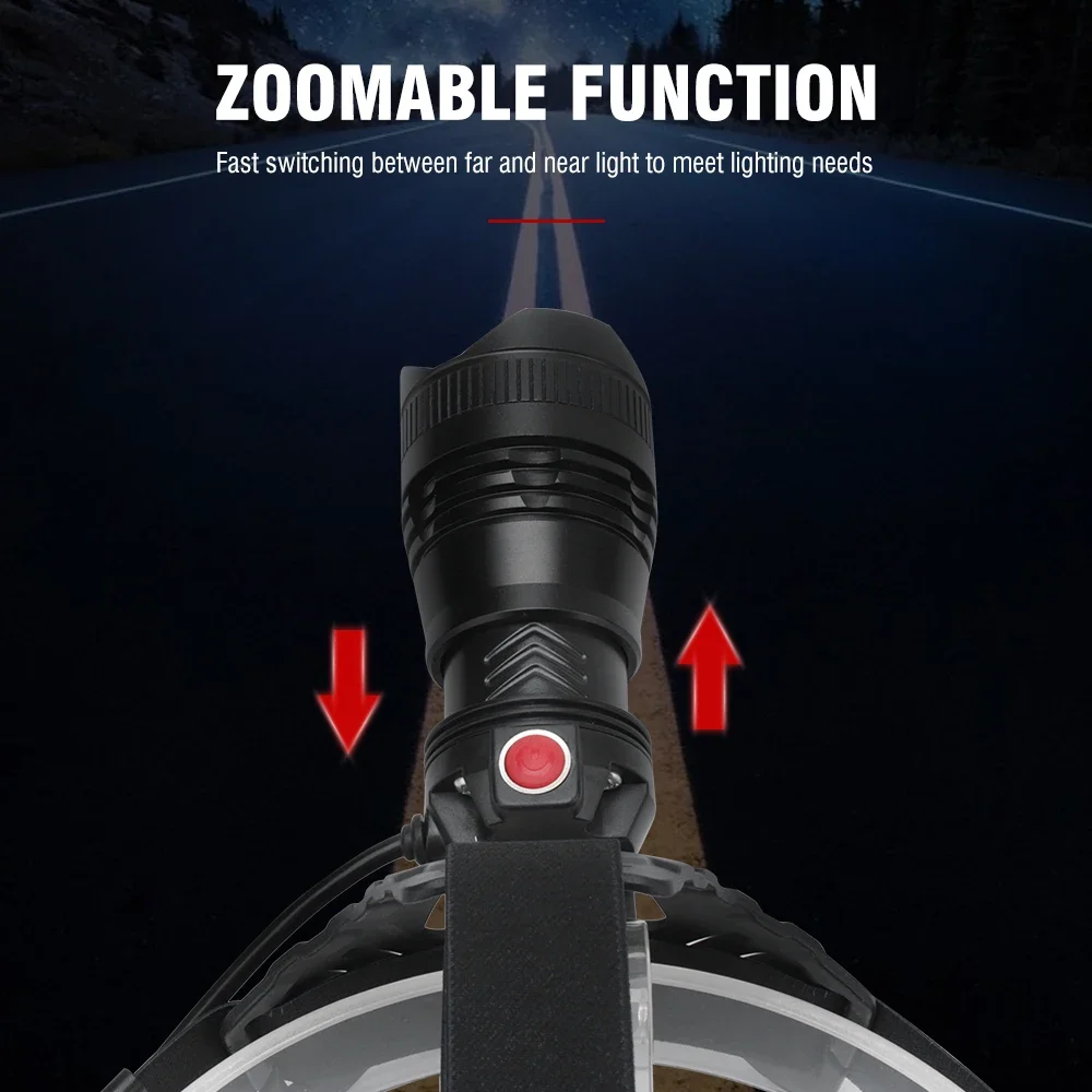 BORUiT-linterna frontal LED P50 superbrillante, recargable por USB, con zoom, 18650, resistente al agua, para acampada y Pesca