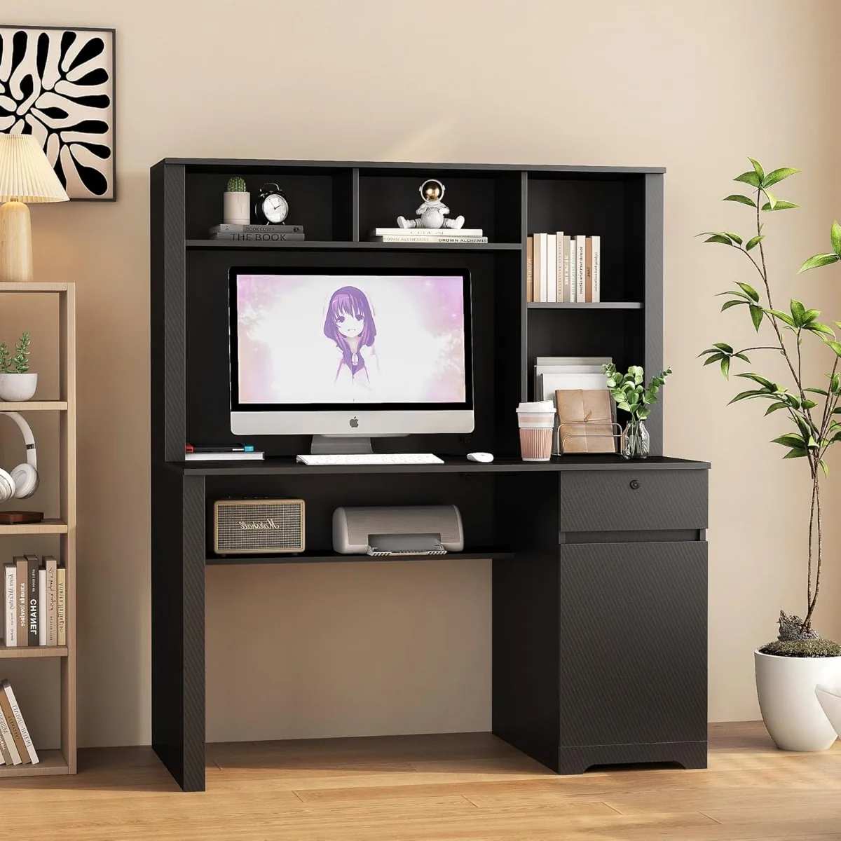 Computer Desk with Hutch & Bookshelf - Wood Executive Desk with Drawers, 2 USB Charging Ports - Perfect for Laptop Writing