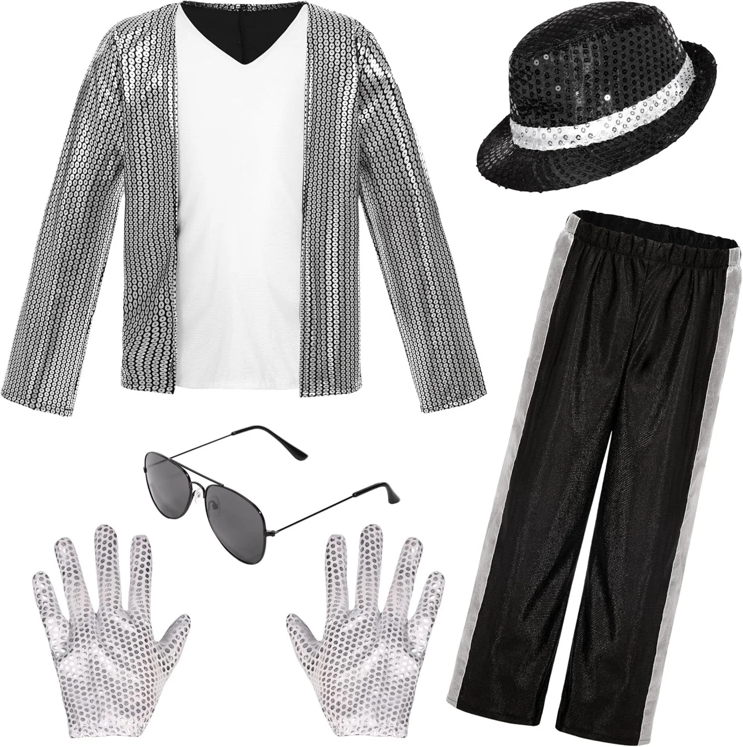 Kinderkostüm-Set für Jungen im Promi-Stil, Paillettenjacken, Hosen mit Accessoires für Karnevalspartys und Verkleidungen – Detail 7