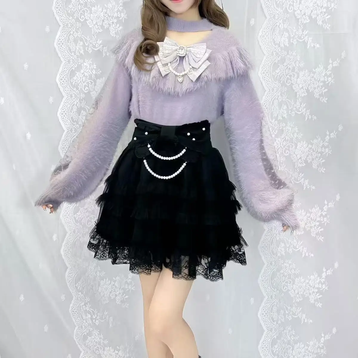 

2025 Autumn Women Halter Hollow Out Sweater Sweet Bow Grunge Y2k Aesthetic Pullovers Harajuku Vintage Lace Patchwork Streetwear