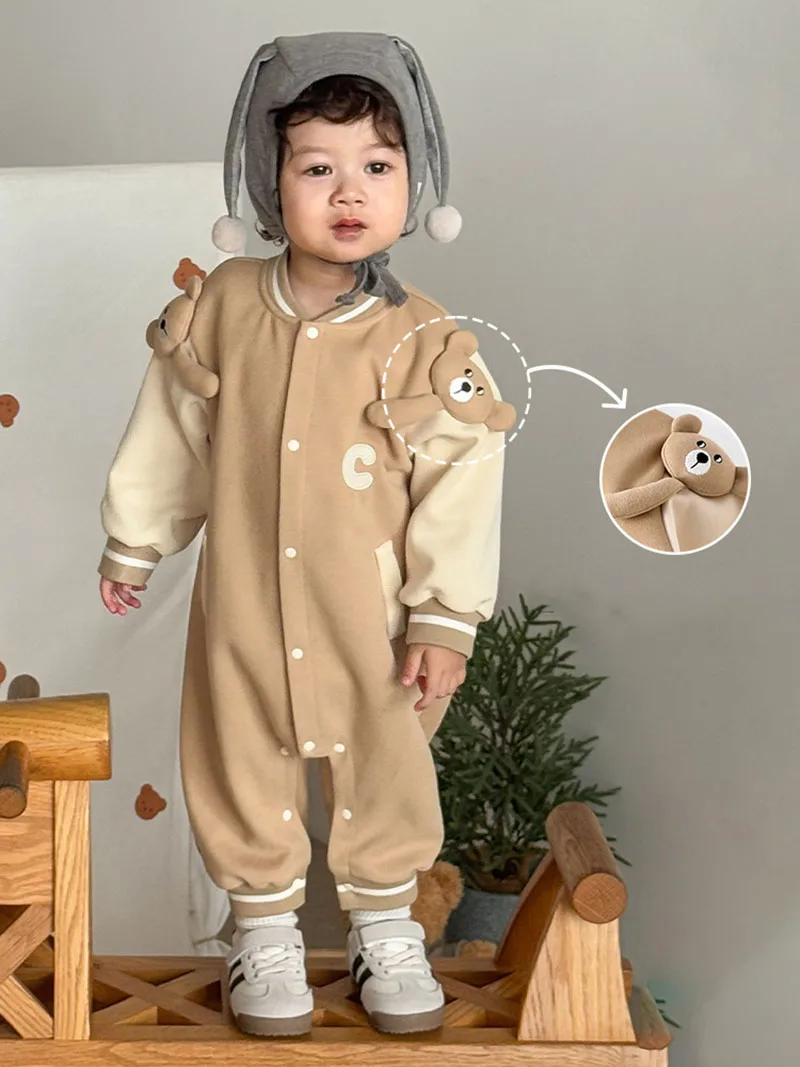 MILANCEL New Autumn Baby Rompers 3-24M Cartoon Bear Toddler Girls Color Block Jumpsuit Sweet Loose Children One Piece