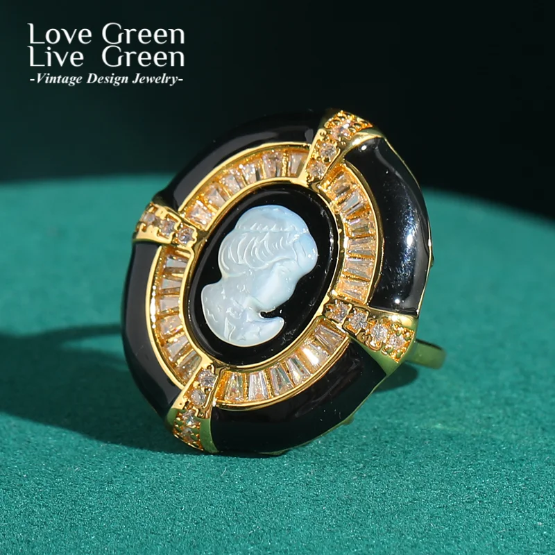 

Zircon Gold Color Enamel Oval Black Rings For Woman Relief Beauty Portrait Vintage Jewelry Luxury Designer Valentine Day Gift