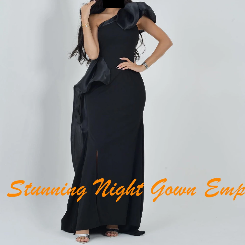 Customized Temperament Front Slit One Shoulder Evening Dresses Modern Jersey Pleats Black Party Gowns فساتين سهره نسائيه فخمة image 4