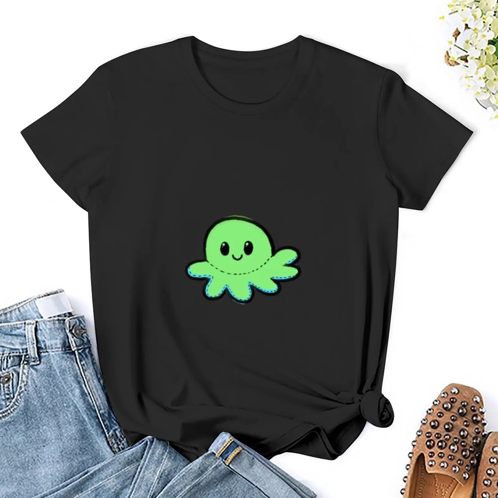 Happy Plush Octopus Green and Blue T-Shirt funny animal print shirt for girls kawaii clothes tops funny t shirts for Women