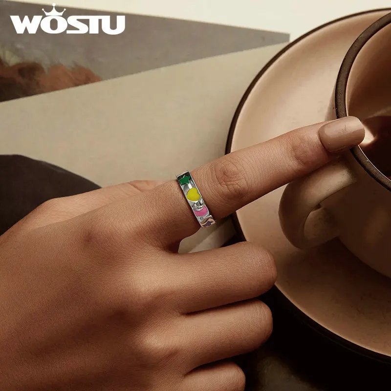 WOSTU Original 925 Sterling Silver Colors Rainbow Heart Moon Wide Ring with White Gold Plated for Women Party Gift Fine Jewelry image 2