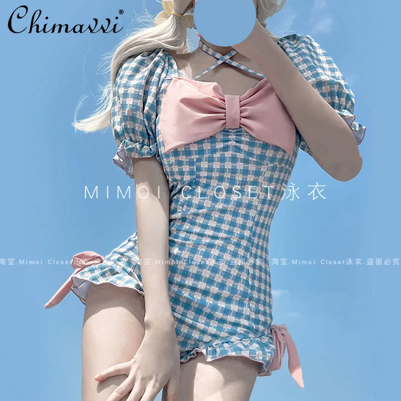 ลายสก๊อตสีฟ้าชุดว่ายน้ําผู้หญิงเสื้อผ้าฤดูร้อนใหม่ญี่ปุ่นน่ารักสาว One-piece Hot Spring ว่ายน้ําสาวหวานชุดว่ายน้ําเซ็กซี่