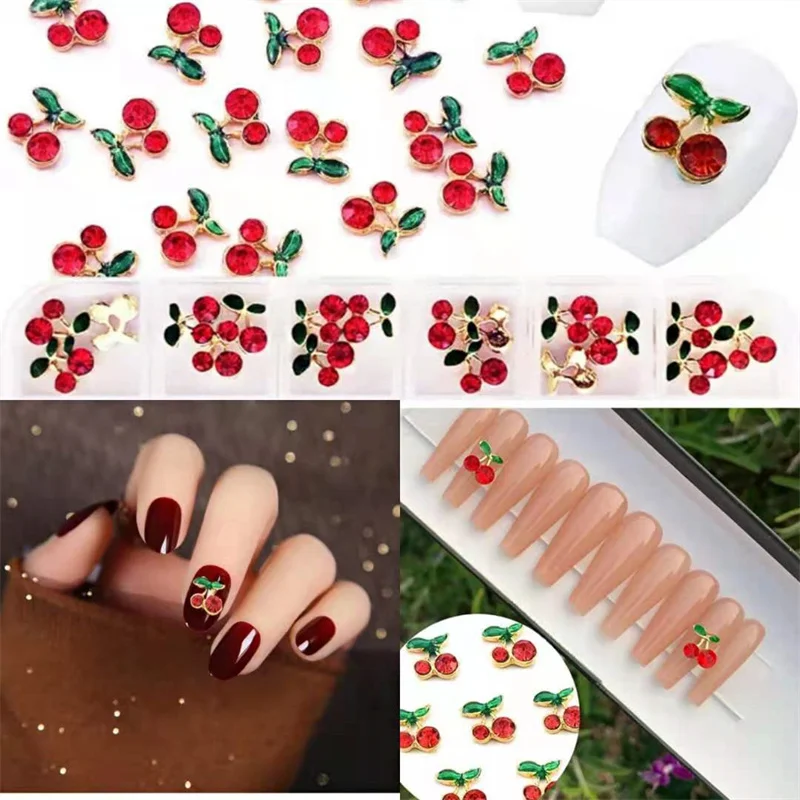 20Pcs/lot 3D Alloy With Shiny Rhinestones Metal Red Cherry Nail Art Decoration Mini Charm DIY Gem Luxury DIY Manicure Accessorie