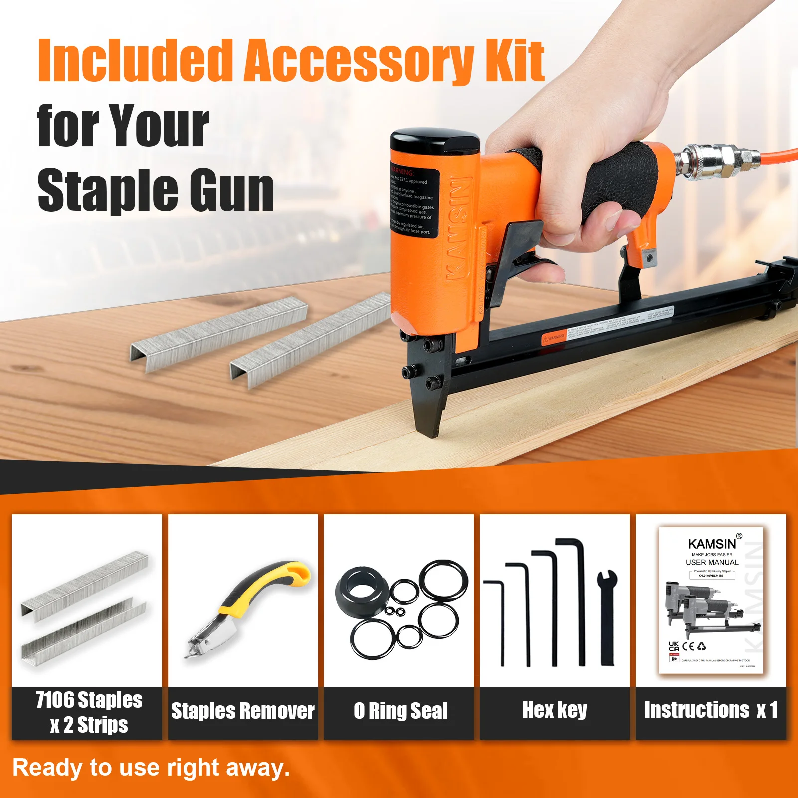 KNL7116S 22 Gauge Pneumatic Upholstery Stapler Continuous Firing, Long Magazine, Adjustable Speed for Furniture and Fabric