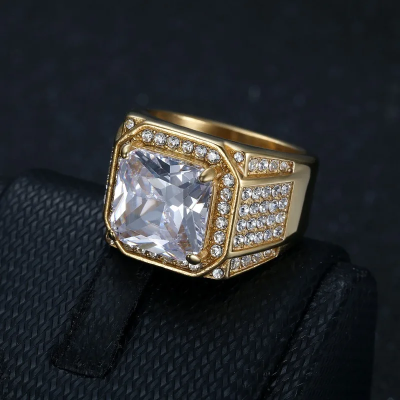 Somen 316L Stainless Steel Bling Square AAA zircon Ring For Men Gold/Silver Color Hip Hop Men\'s Ring Punk Fashion Jewelry Gift