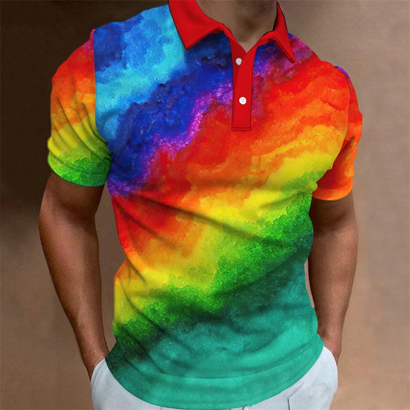 Colori arcobaleno Polo con stampa 3d a righe colorate t-Shirt con Design sfumato a onde maniche corte t-Shirt da strada con bottoni con risvolto