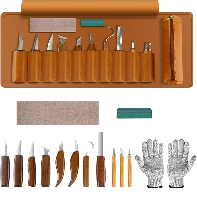 Wood Whittling Kit For Beginners 15PCS Wood Carving Tools Kit Basswood Carving Blocks Gloves Roll Bag Sharpener For Widdling Kit