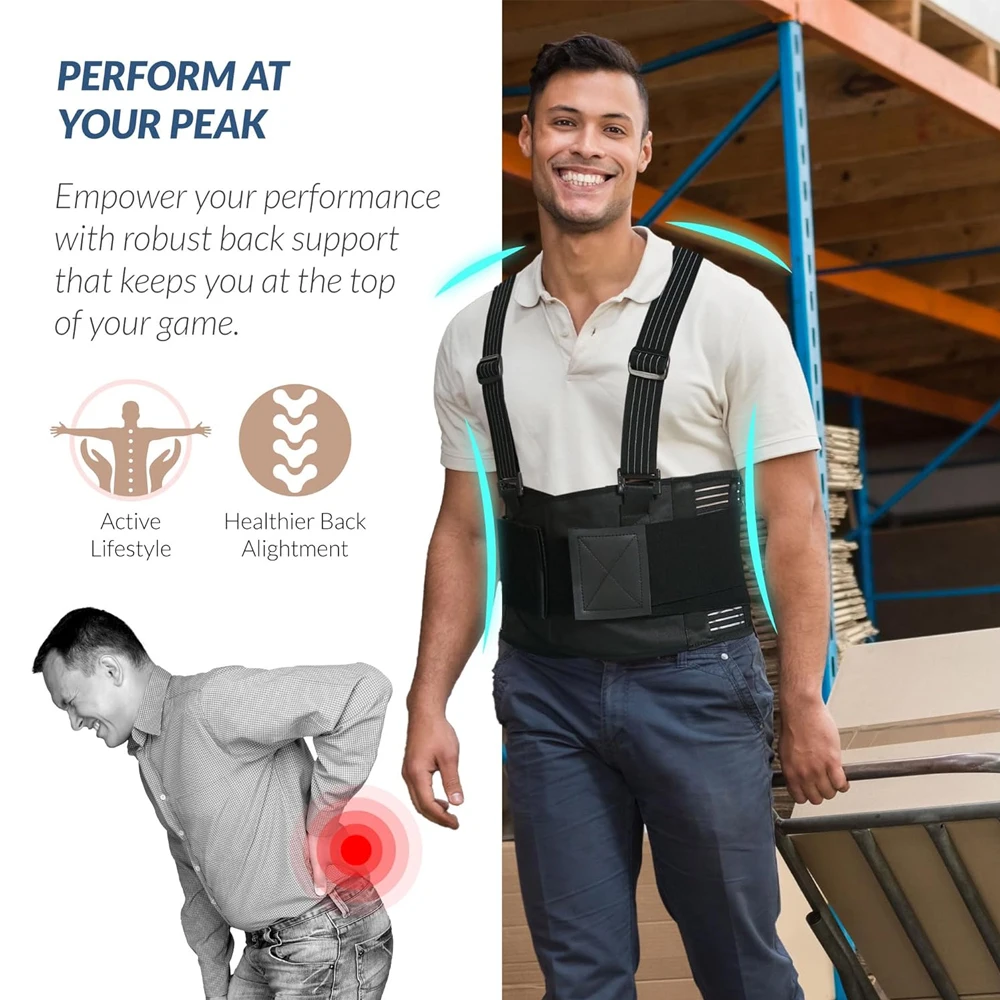 قطعة واحدة من دعامة ظهر العمل للرجال والنساء - حزام دعم قطني قابل للتعديل مع حمالات قابلة للإزالة للرفع الثقيل والبناء