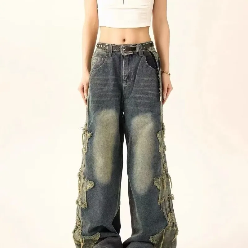 ANJY Autumn Winter New Women's Spliced Star Niche Chic Tide Loose Wide-Leg Jeans American High Street Fashion Denim Pants A14830