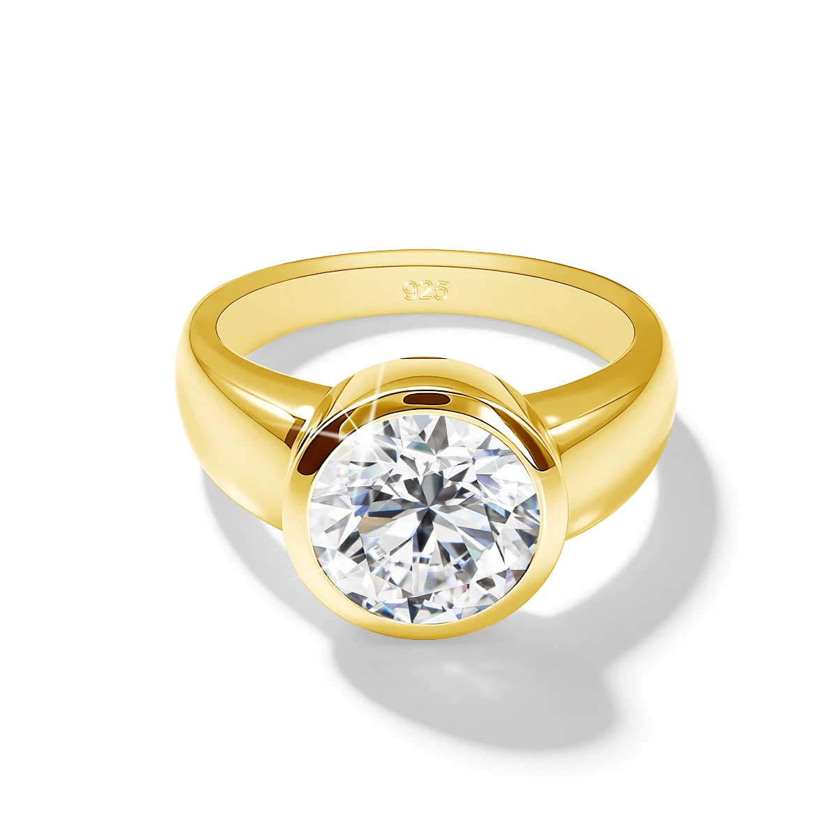 18K vergoldeter Ring mit 5 Karat runden Moissaniten im Fassungsschliff, 925 Sterling Silber, Hochzeits- und Verlobungsschmuck, Geschenk für Frauen und Männer – Detail 2