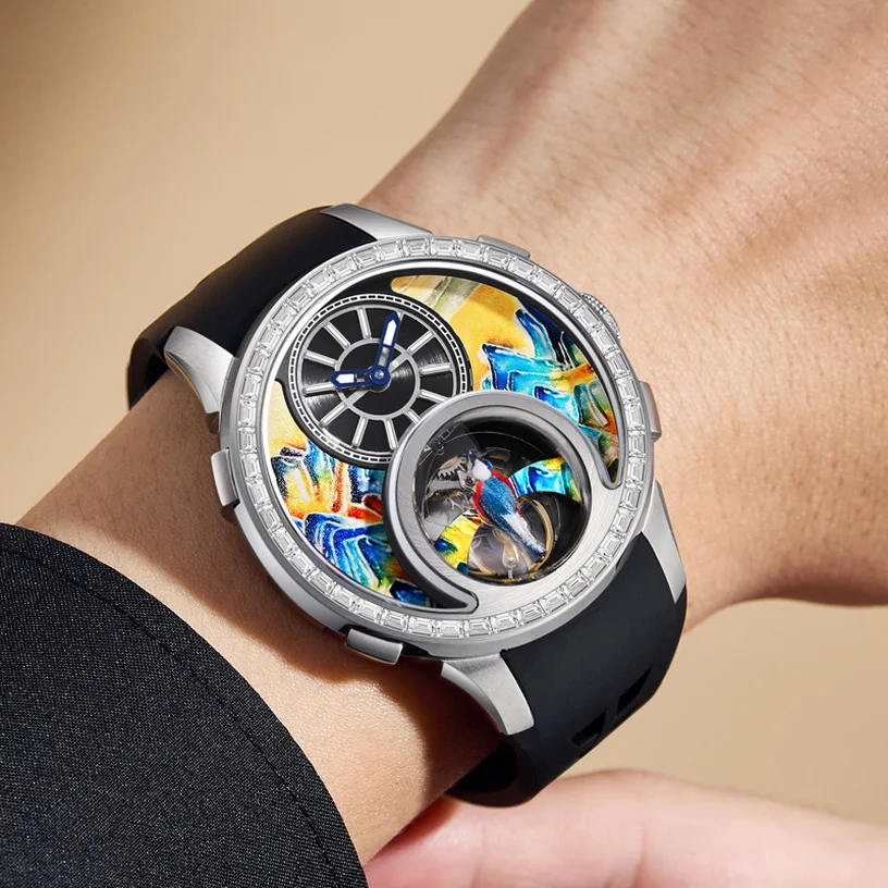 HANBORO, reloj automático para hombre, reloj de pulsera mecánico Vinatge de 43,6mm, Esmalte luminoso tallado, esfera de esqueleto de montaña pintada