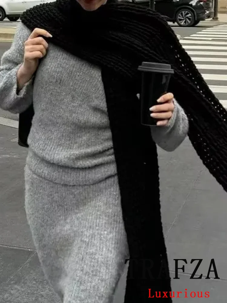 TRAFZA Vintage Casual Chic Grey Solid Women Suit V Neck Knitted Top Long Sheath Skirt New Fashion 2024 Autumn Winter Sets