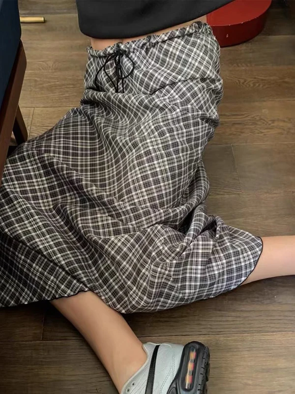 

Retro Plaid f Skirt Women Spring Faion Dstring Anti-Aging Versatile Midi Skirt Chic Personali Skirts