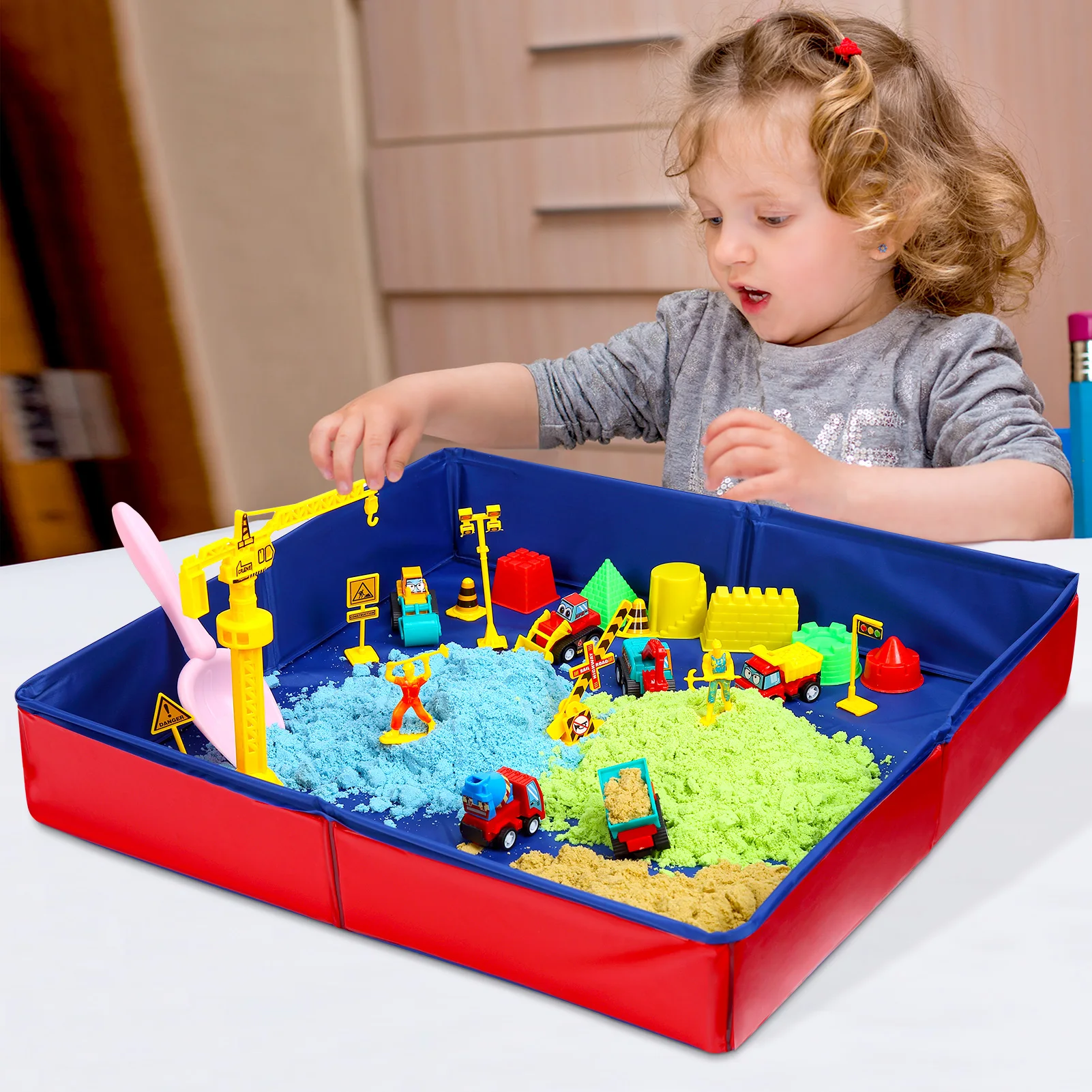 34Pcs Play Sand Kit For Kids 3.3Lbs Space Sand In 3 Colors Construction Trucks Sand Molds Tools Collapsible Sandbox & Storage Box Sensory Sandbox Toys For Boys And Girls Ages 6Plus