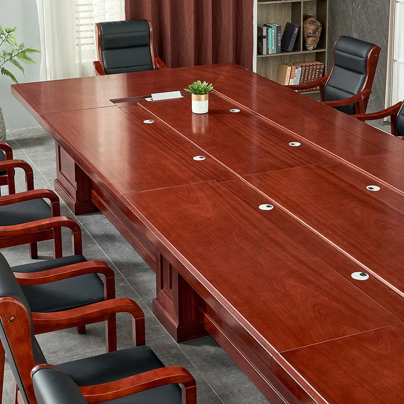 Großer Konferenztisch, chinesischer langer Verhandlungstisch, Bürotisch und Stuhl, Kombination aus lackiertem Massivholz, Leder, mobiles Büro