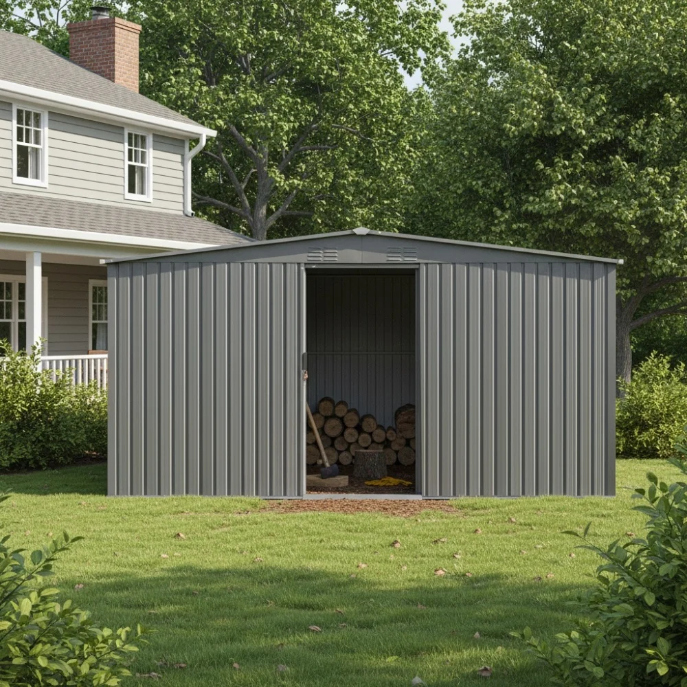 14x12 Ft New Outdoor Storage Shed Has Two Functions:Metal Shed And Firewood Shed , More Suitable For Winter , Grey