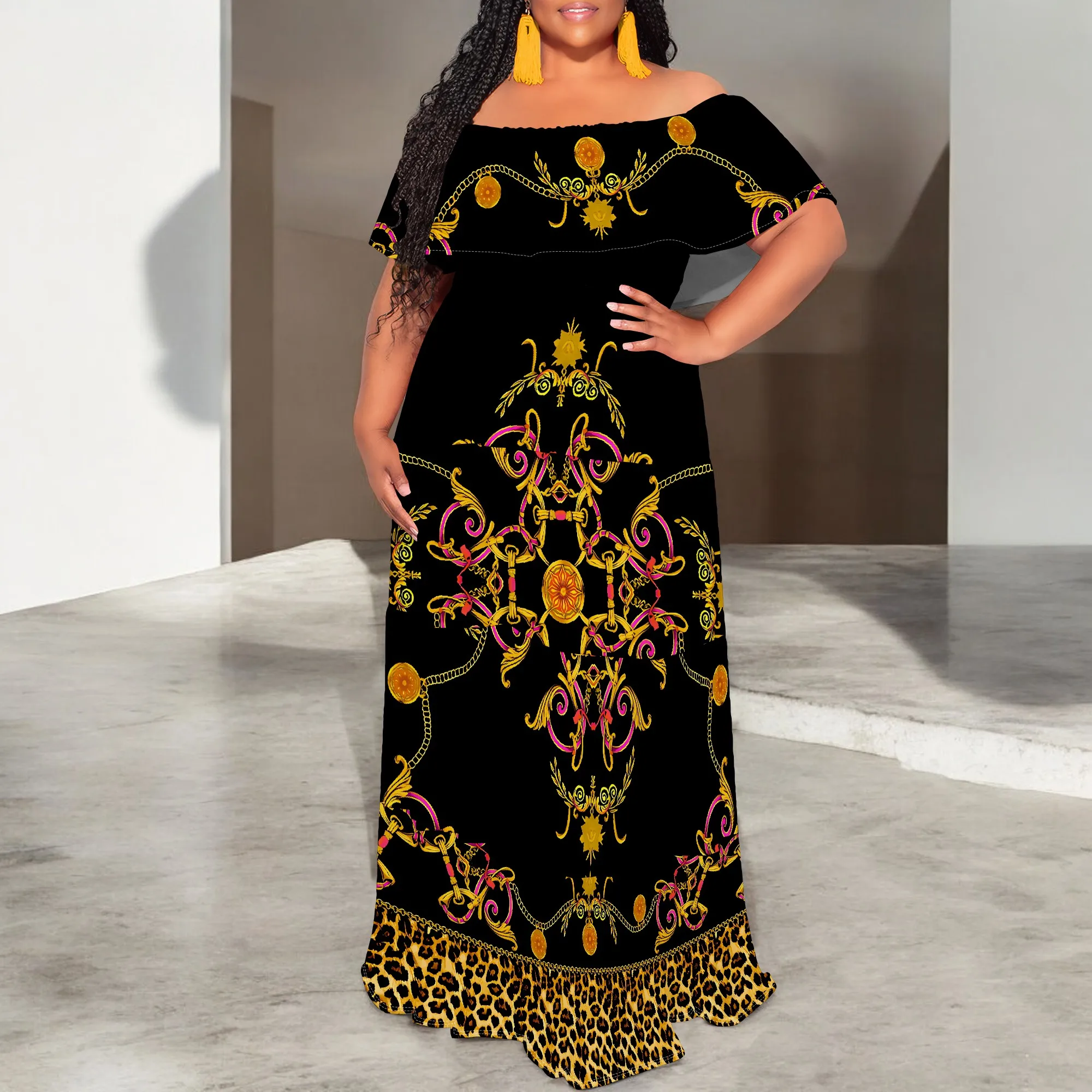 

Women's Tight Hips-Wrapped Geometric Off-Shoulder Ruffle Short Sleeve Dress Vibrant Cultural Party Casual Maxi Dress